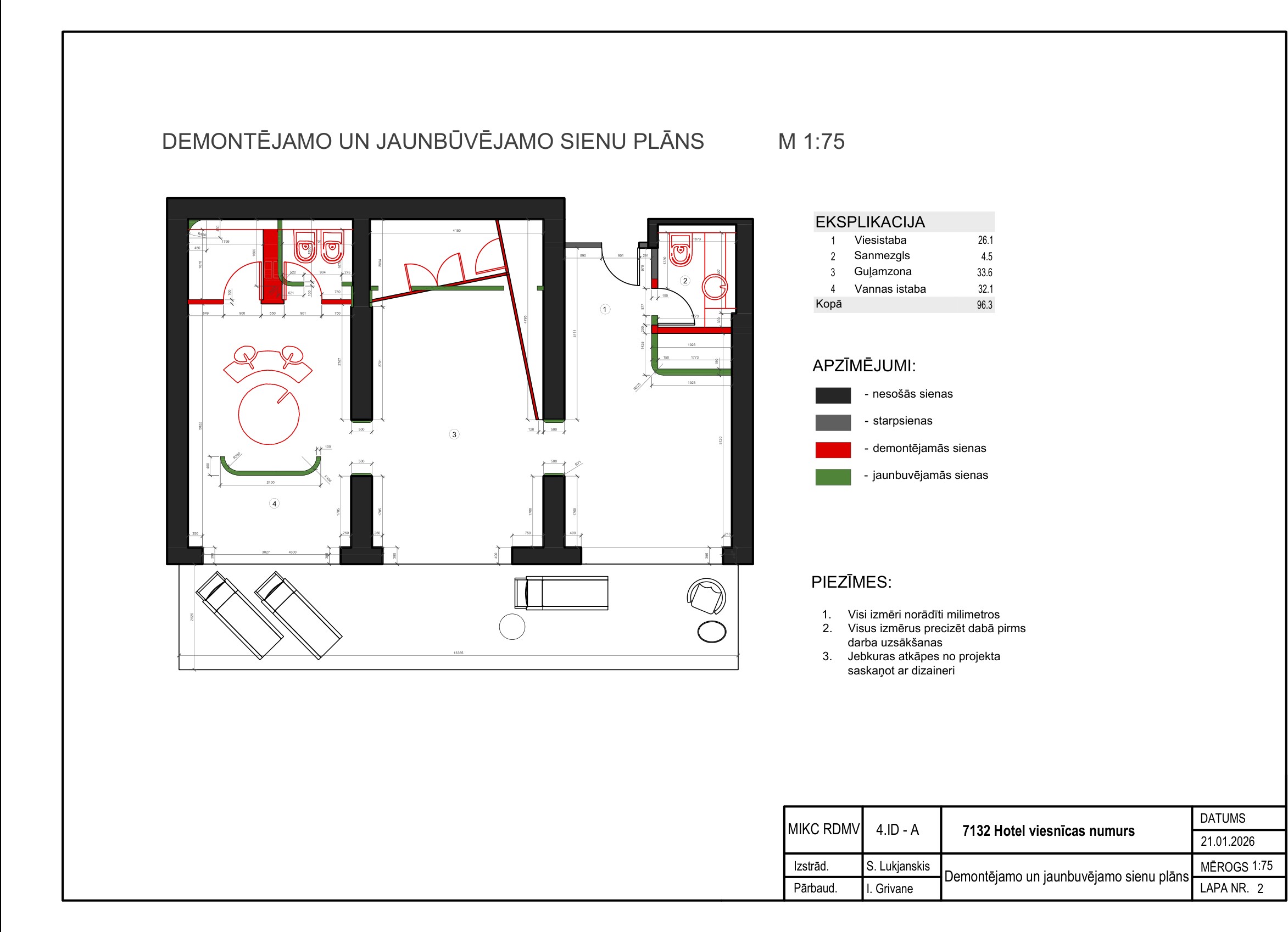 7132 Hotel technical drawing — Demolition & New-Build Walls Plan