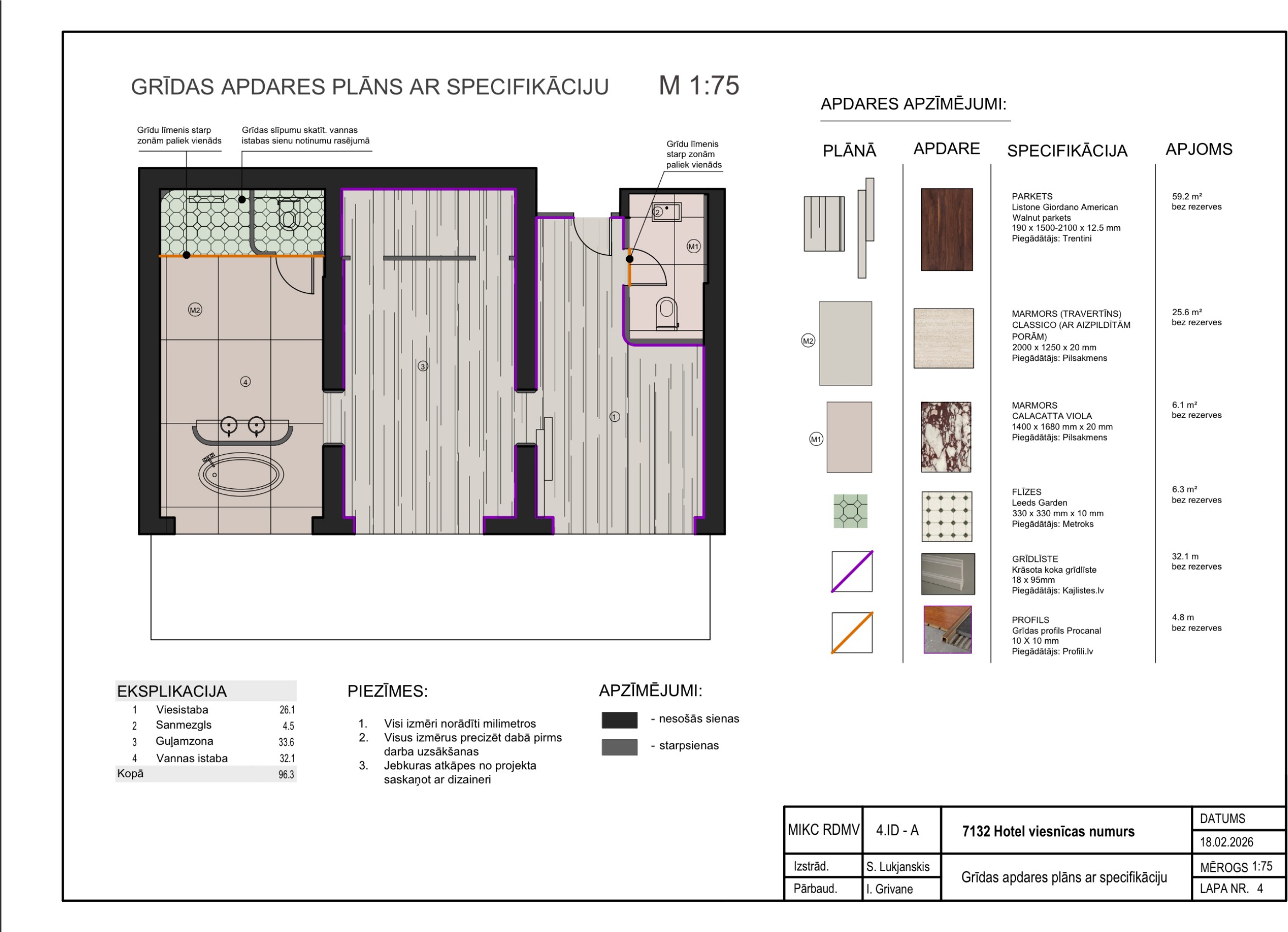 7132 Hotel technical drawing — Floor Finish Plan with Specification
