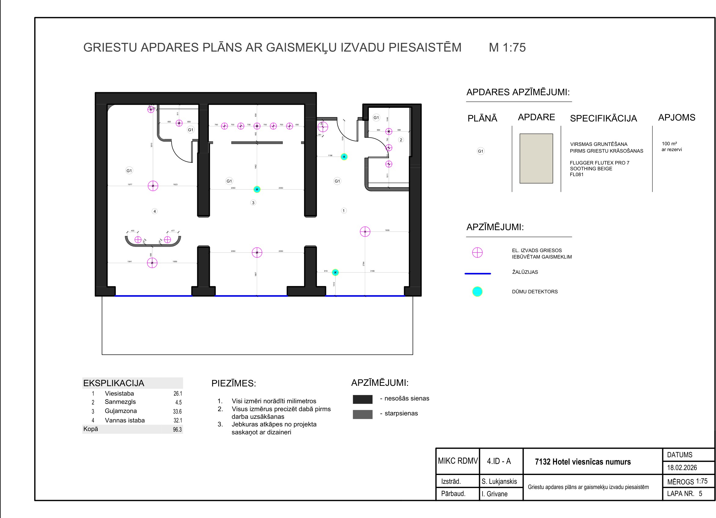 7132 Hotel technical drawing — Ceiling Finish Plan with Light Fixture Outlets