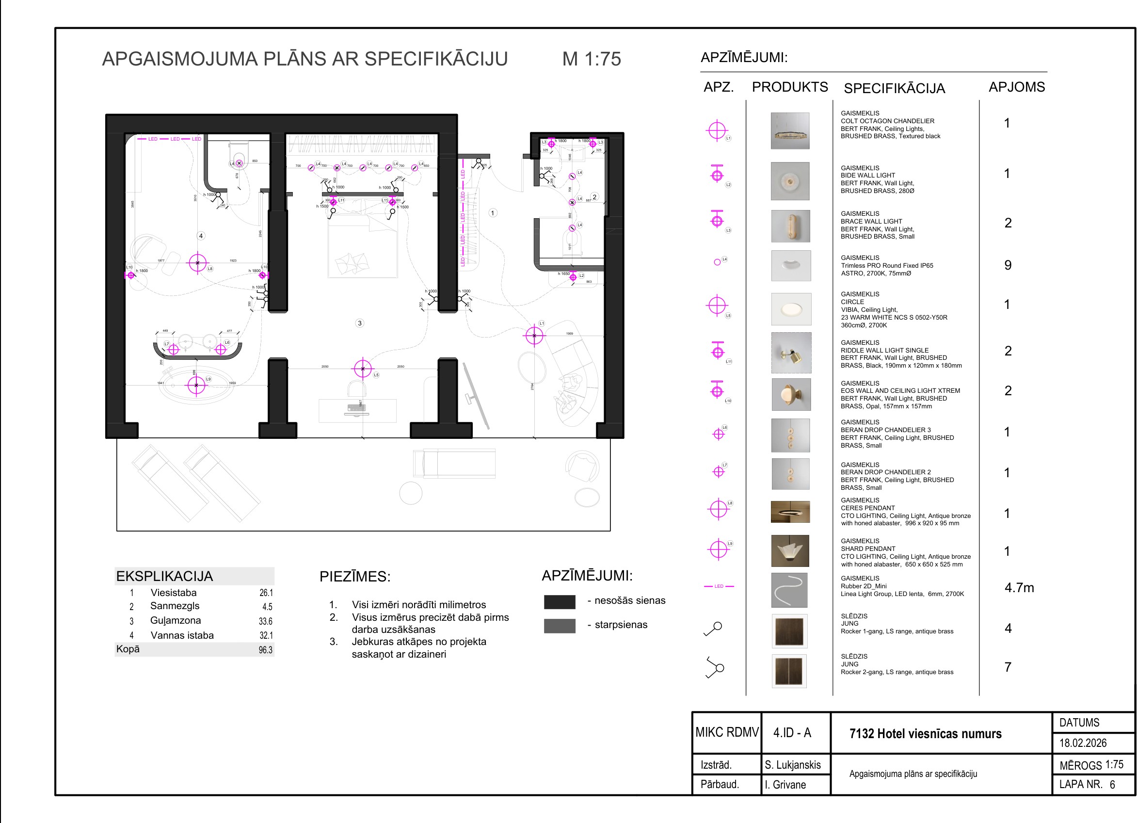 7132 Hotel technical drawing — Lighting Plan with Specification