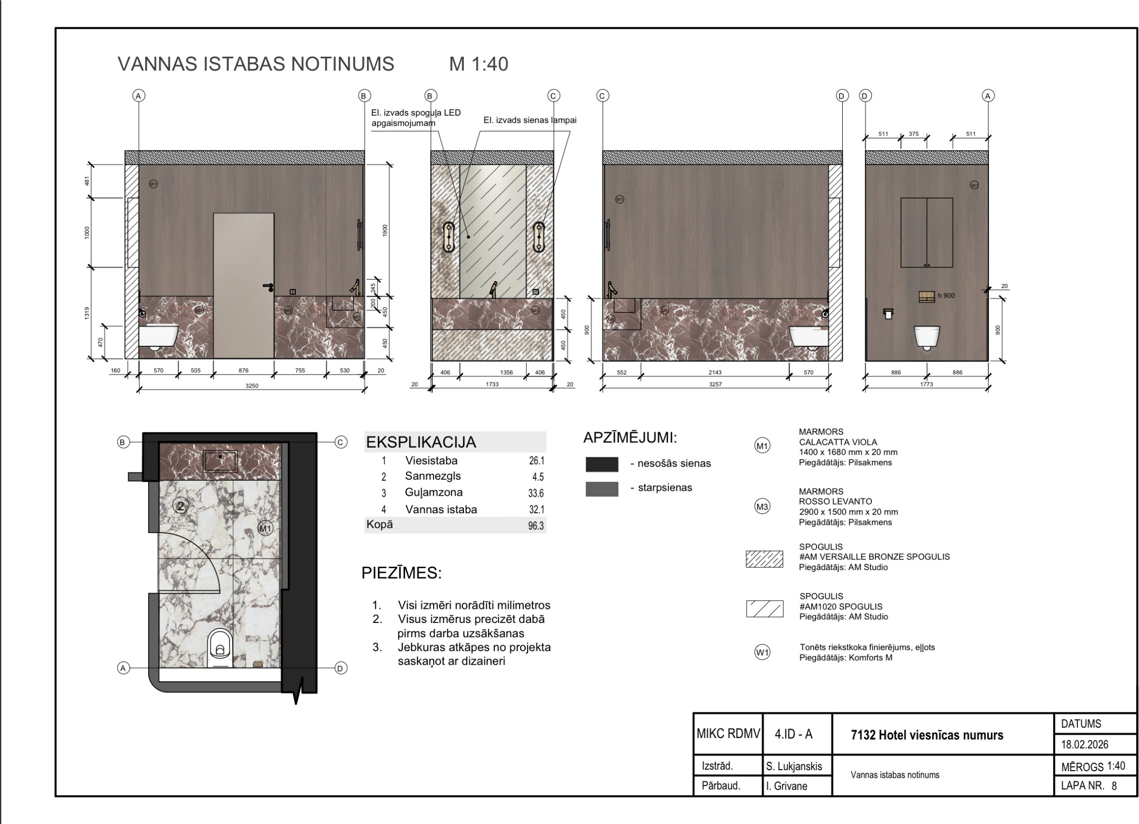 7132 Hotel technical drawing — Bathroom Wall Elevations