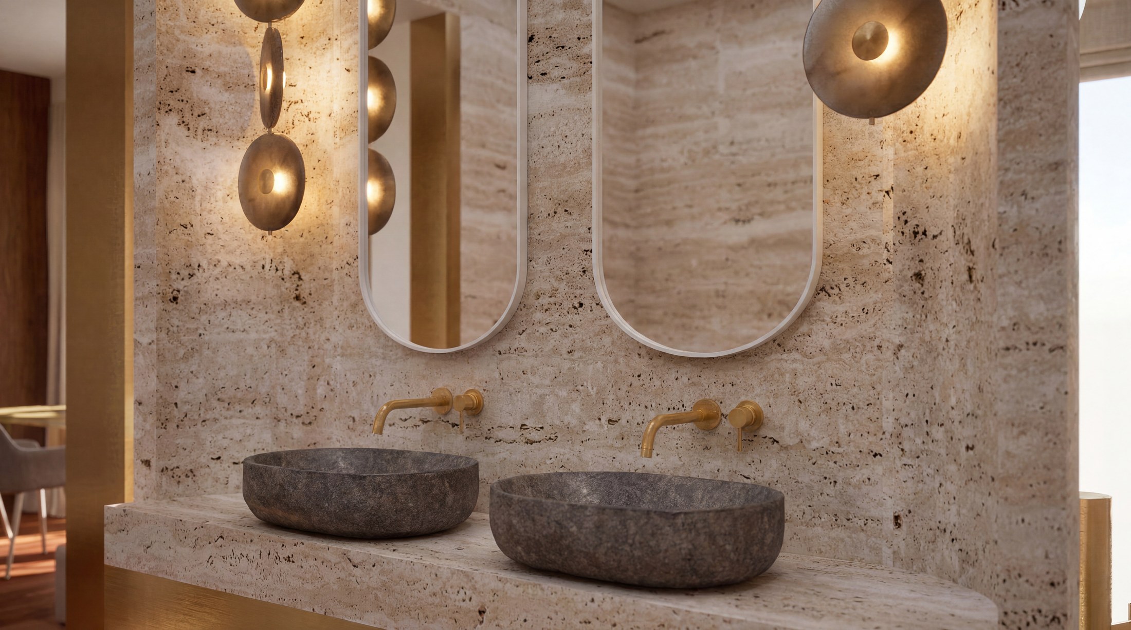 7132 Hotel suite bathroom, double travertine basins and brass pendant lights