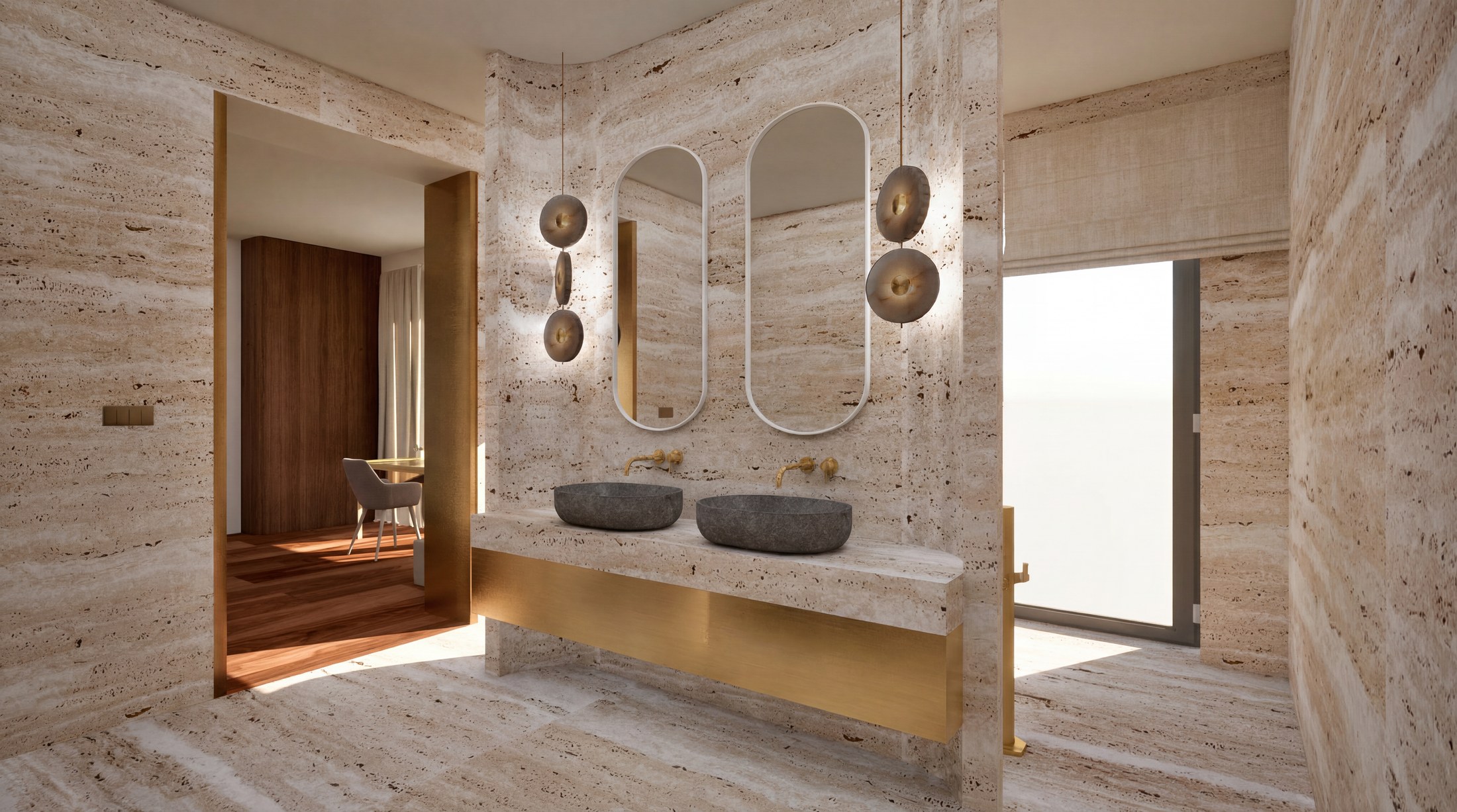 7132 Hotel suite bathroom, entry corridor and travertine walls