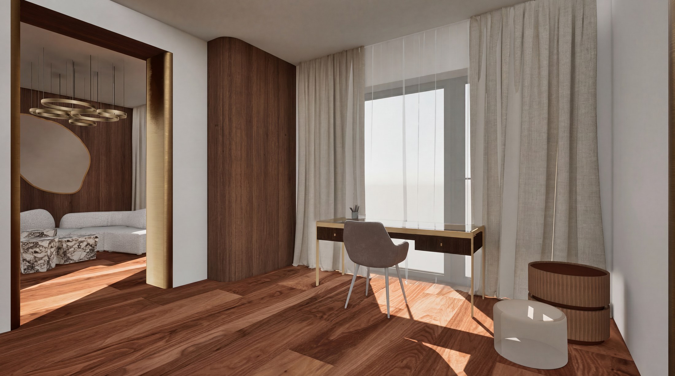 7132 Hotel suite bedroom, walnut headboard wall and desk by the window