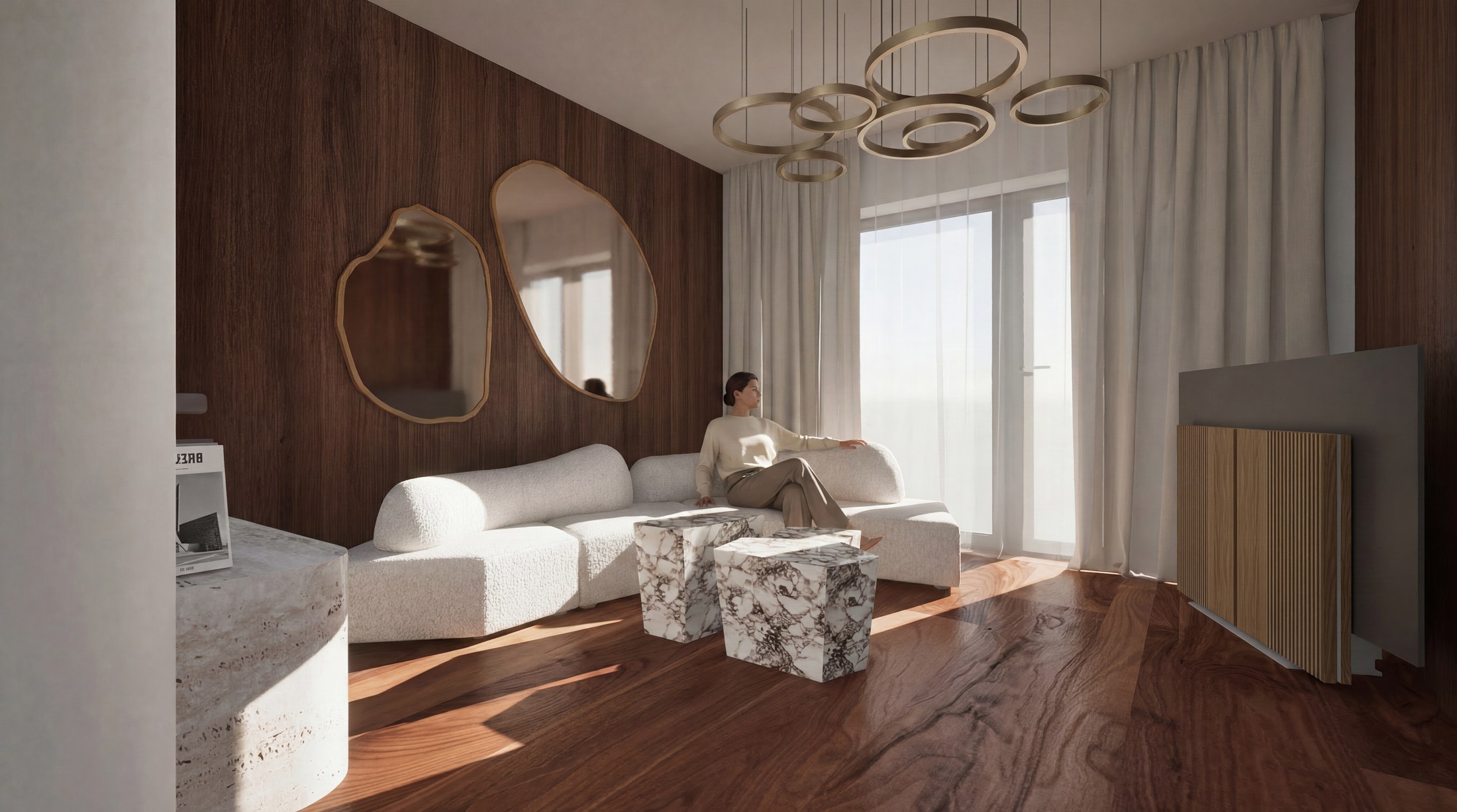 7132 Hotel guest suite living room, walnut panelling and brass chandelier