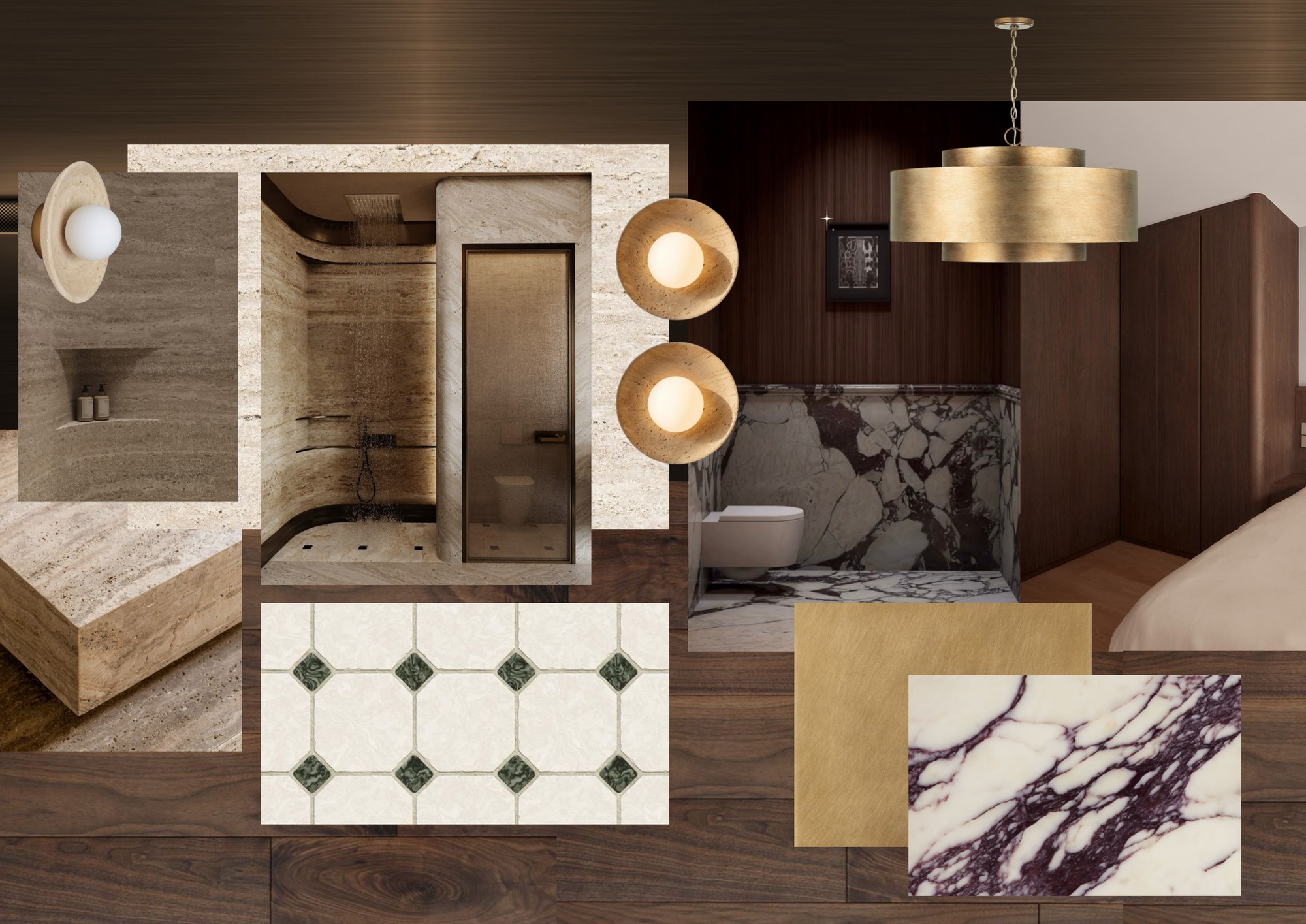 Material moodboard for the 7132 Hotel suite — travertine, brass and walnut