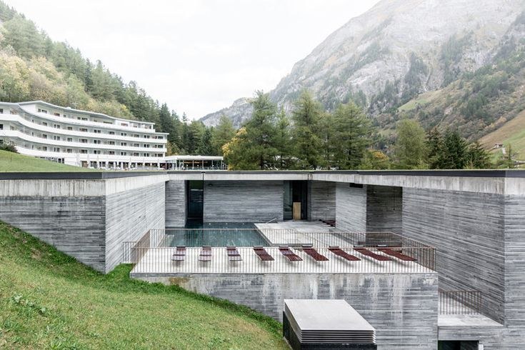 Vals, Graubünden — Therme Vals by Peter Zumthor set against the Alps