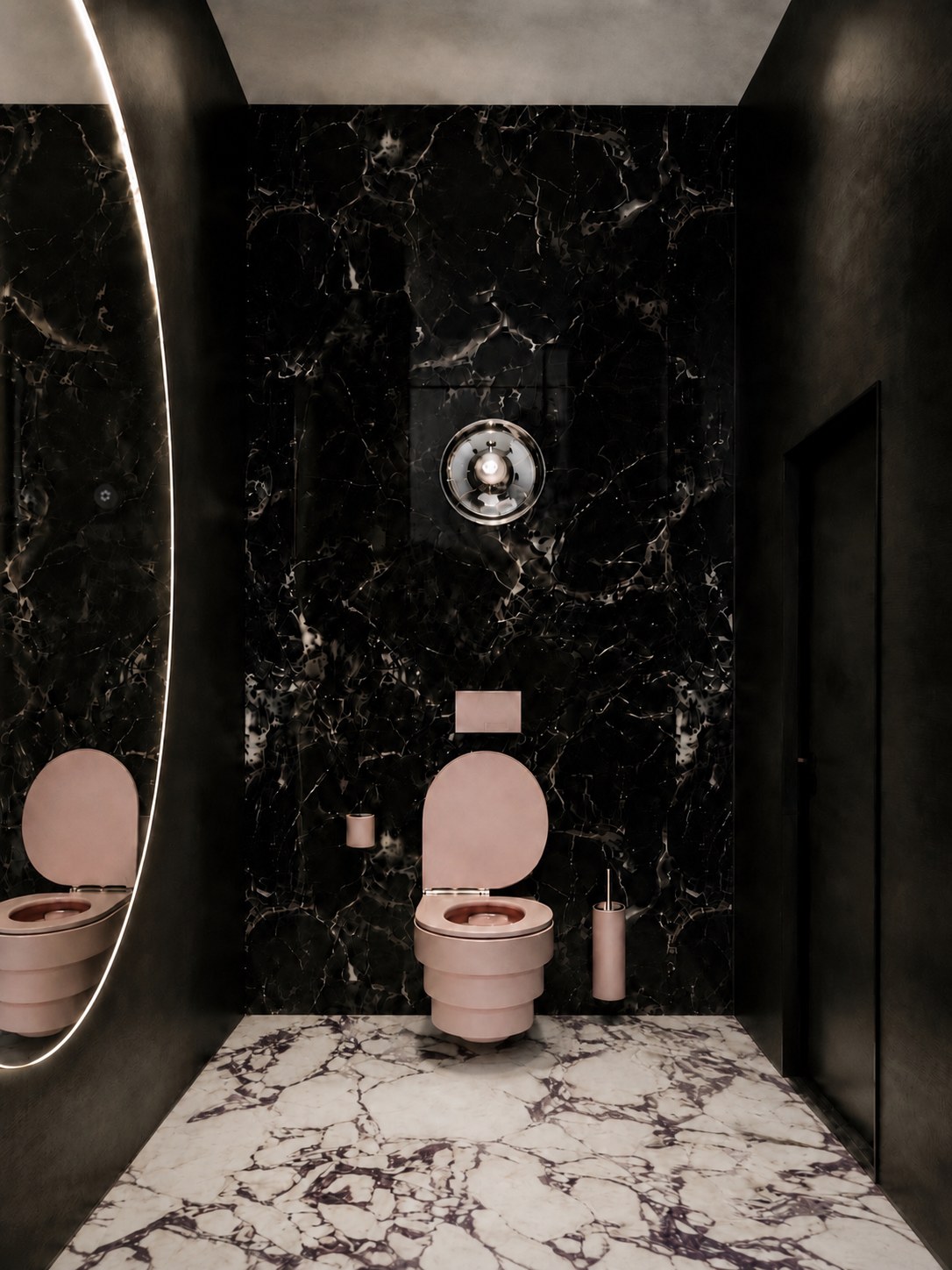 Black marble office bathroom with blush pink fixtures