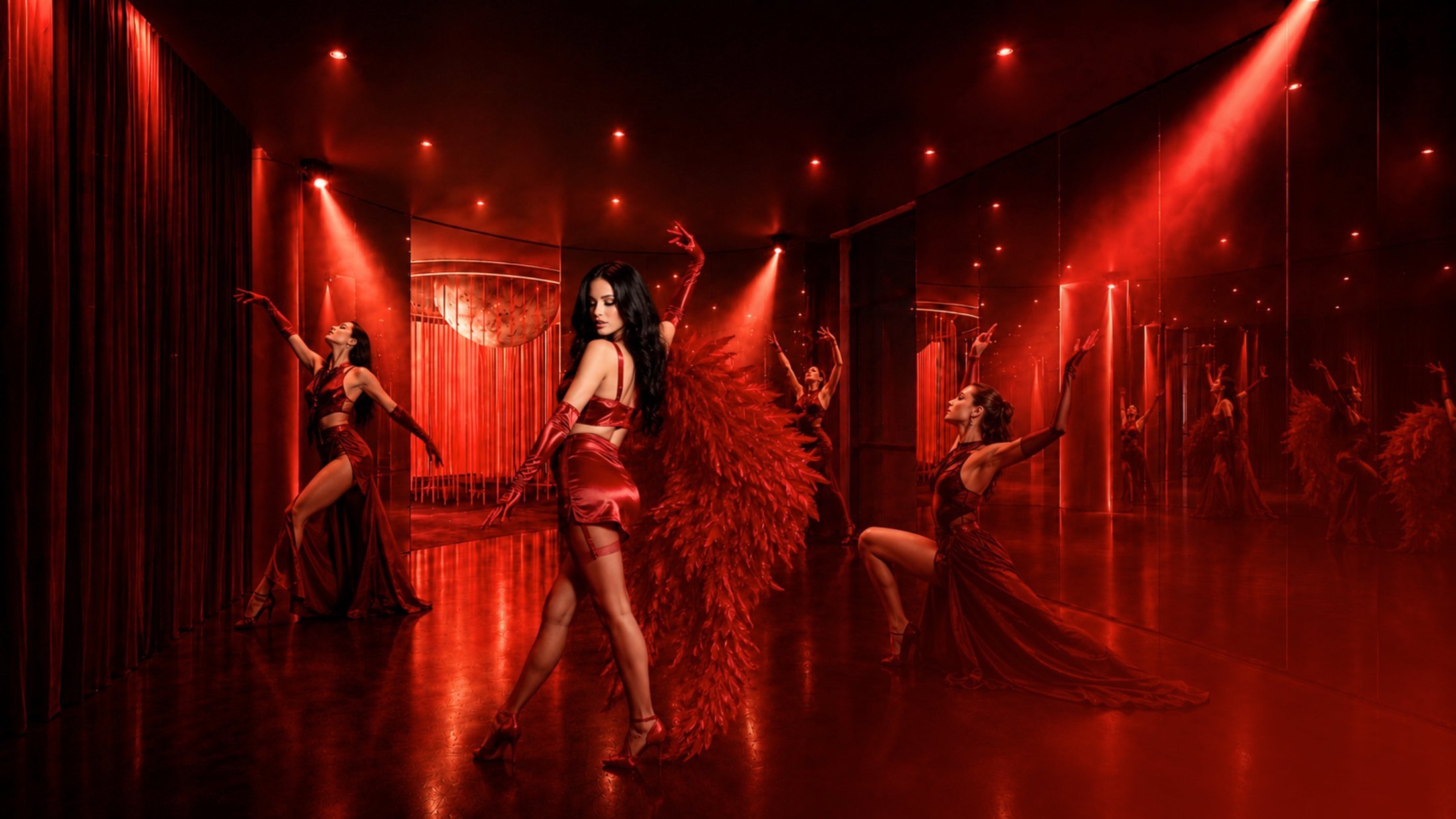 Dancers in red performing in the mirrored dance zone