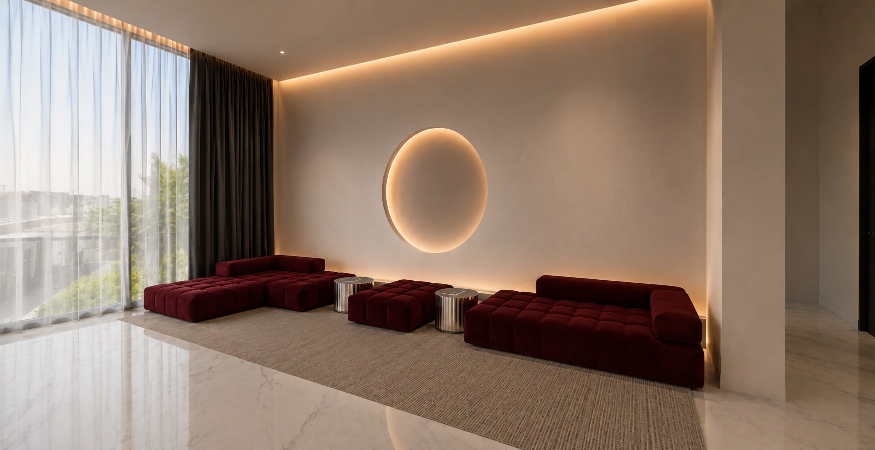 Burgundy sofa lounge with a round softly lit wall niche