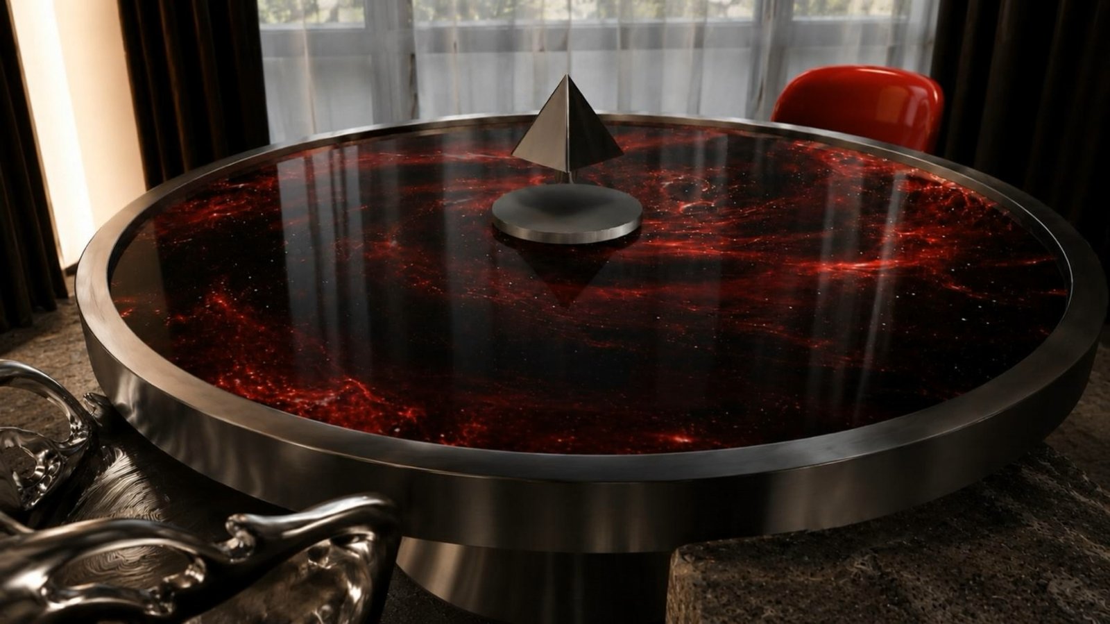The levitating pyramid table, with a figure blurred in the background