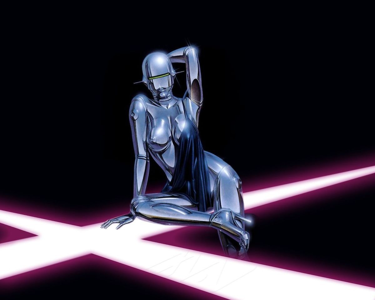 Chrome Hajime Sorayama Sexy Robot figure against glowing magenta beams