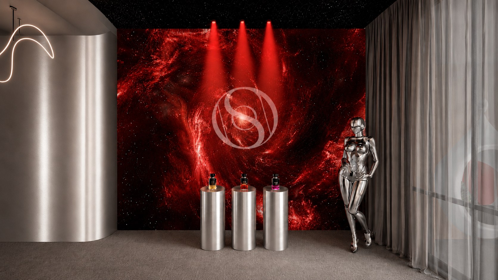Office wall glowing red cosmos, three fragrance bottles on steel pedestals
