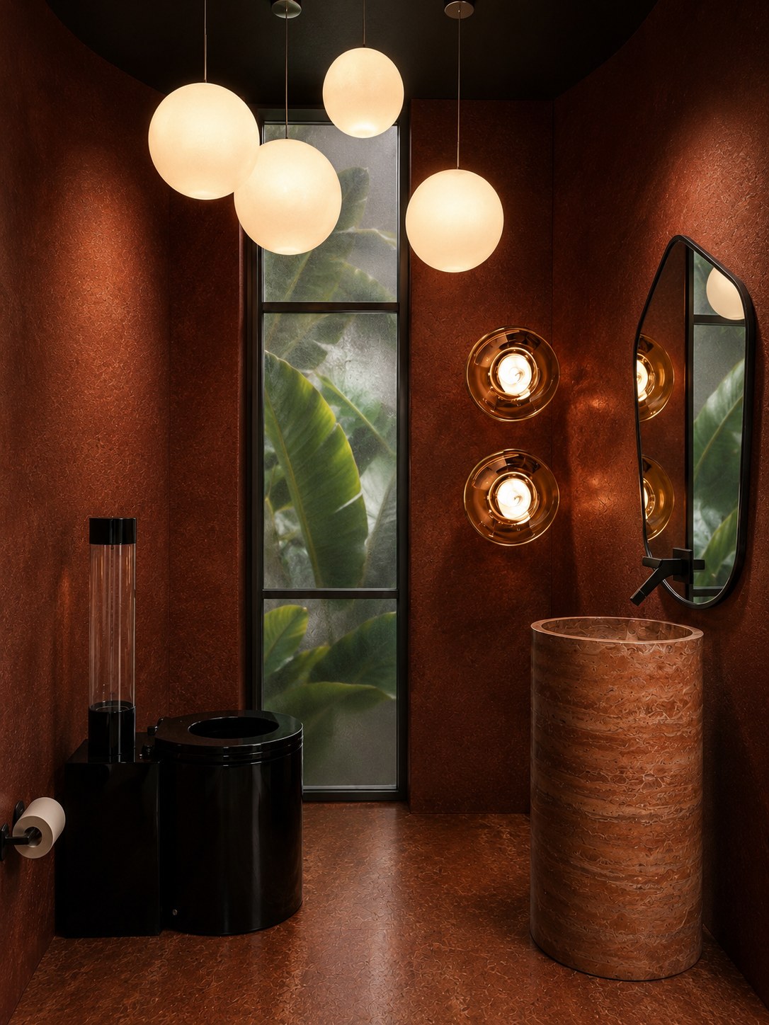 Copper-toned studio bathroom with hanging globe lights and plants