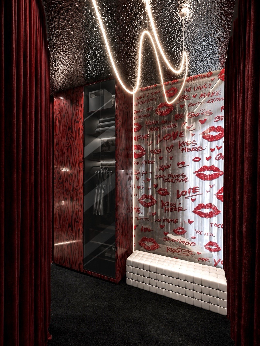 Wardrobe wall covered in painted red kisses, red curtains