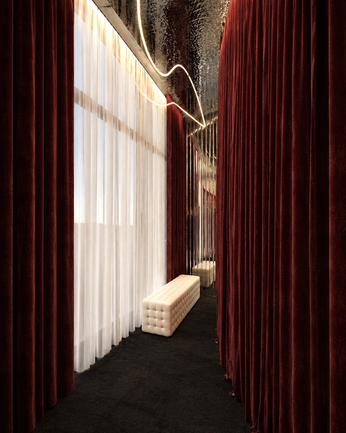 Wardrobe hallway with red velvet curtains and warm light