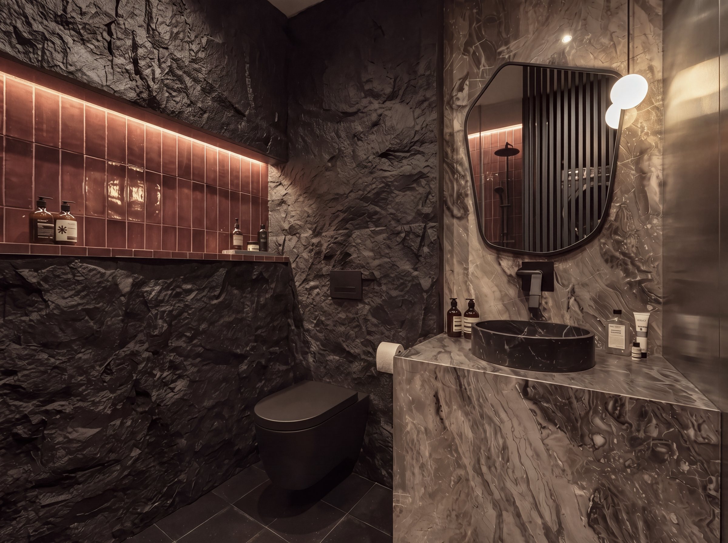 Regolith bathroom: split-face black stone walls, burgundy tile niche, Arabescato Orobico Grigio marble vanity and black basin