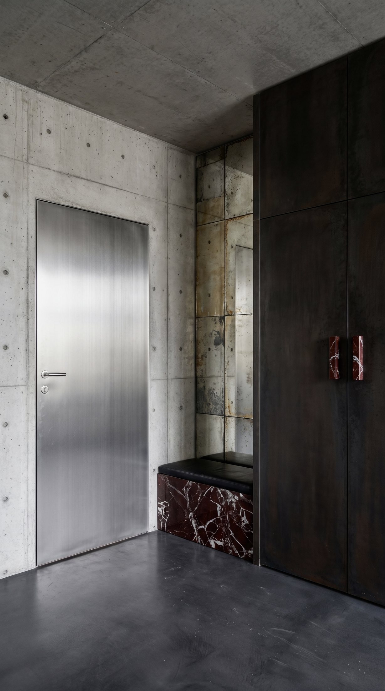 Regolith entrance: brushed steel door, antique mirror, Rosso Levanto marble bench and oxidised metal wardrobes with marble handles
