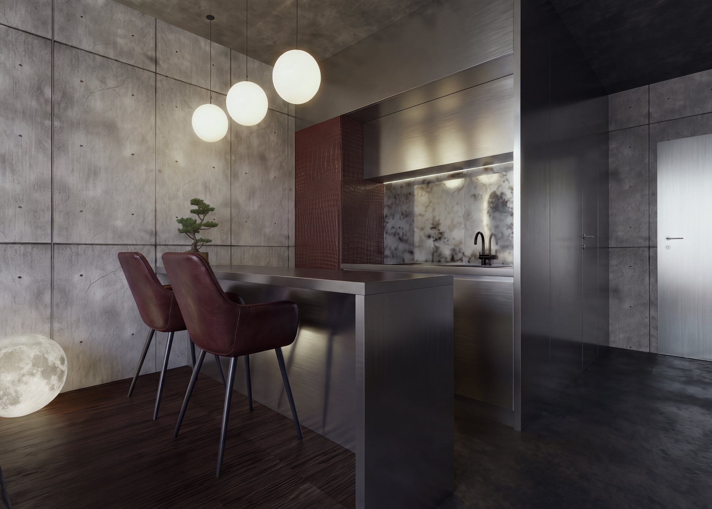 Regolith kitchen: burgundy leather refrigerator, antique mirror splashback, steel bar and burgundy leather chairs