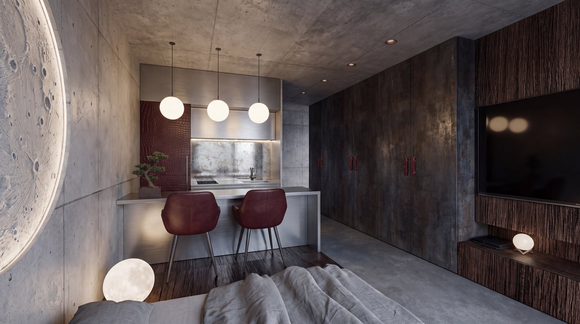 Regolith studio at dusk: a glowing lunar disc on the concrete wall, three opal pendants, oxidised metal wardrobes and the bed in the foreground