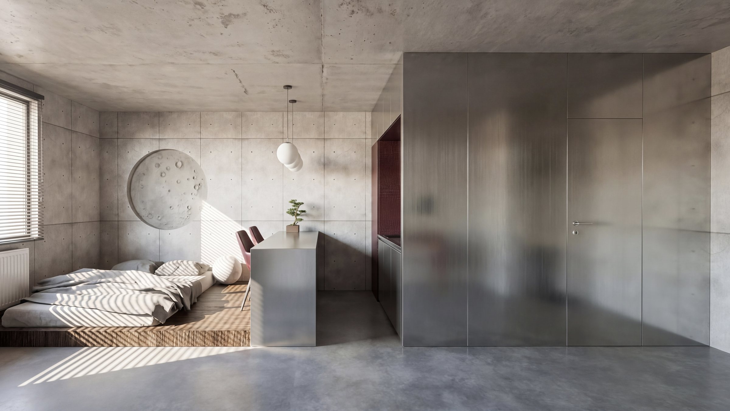 Regolith studio in morning light: concrete walls with formwork tie holes, a lunar disc, a platform bed and a brushed steel volume