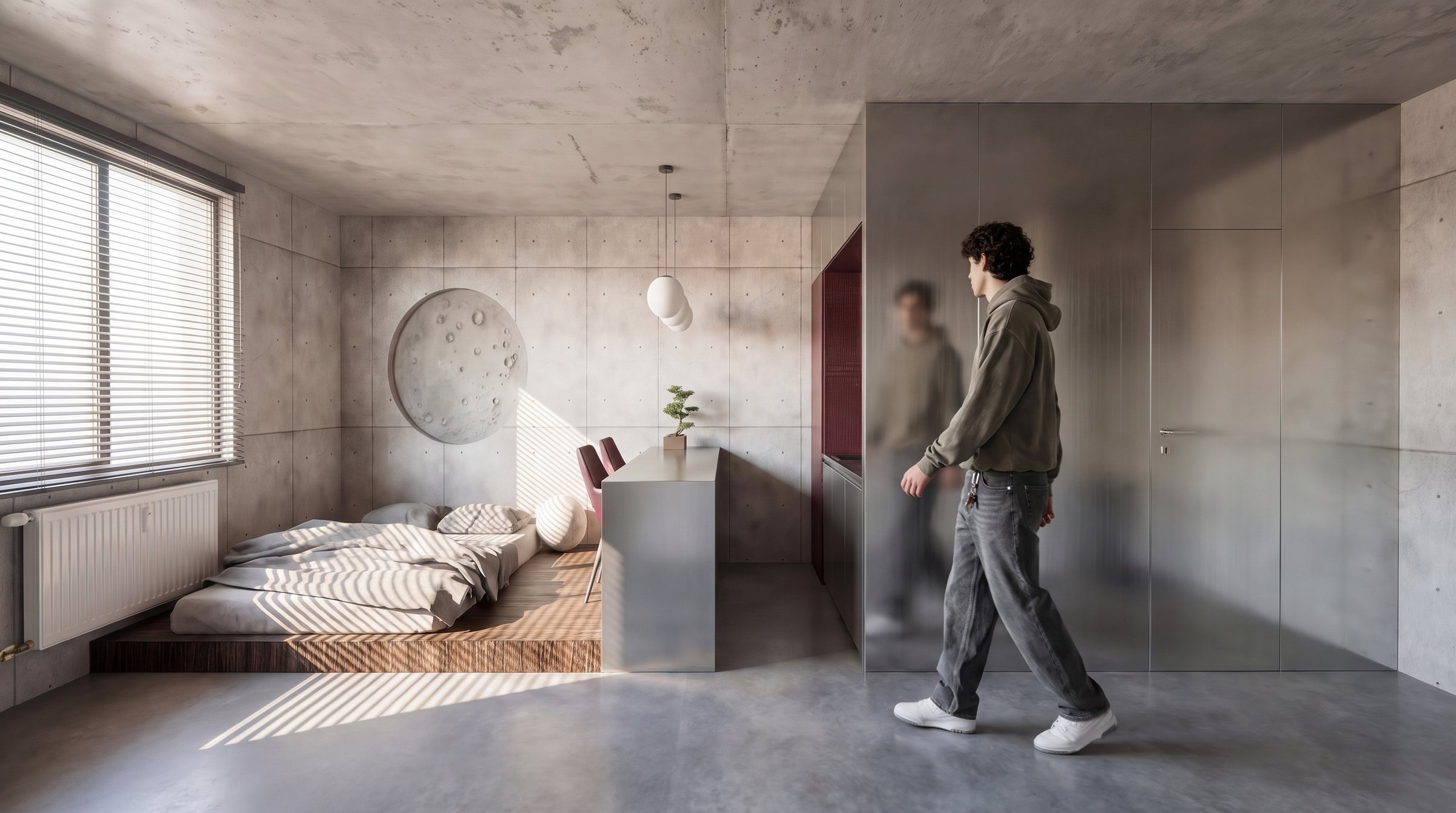 Regolith studio in morning light: a man walks past the brushed steel volume, platform bed and lunar disc behind him
